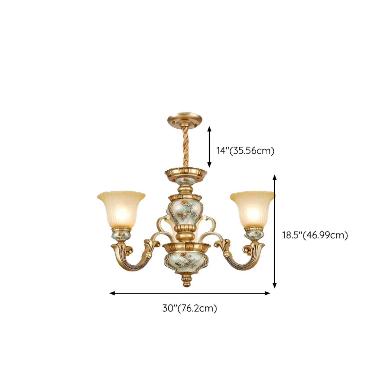 Antique Gold Ceramic Chandelier with Frosted Glass Bell Shape #size