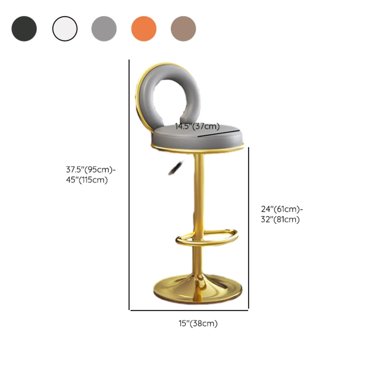 Glam Round Adjustable Leather Swivel Bar Stool with Back #size