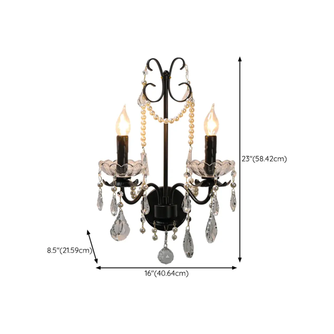 Black Modern 2-Light Candelabra Wall Sconce with Crystal #size