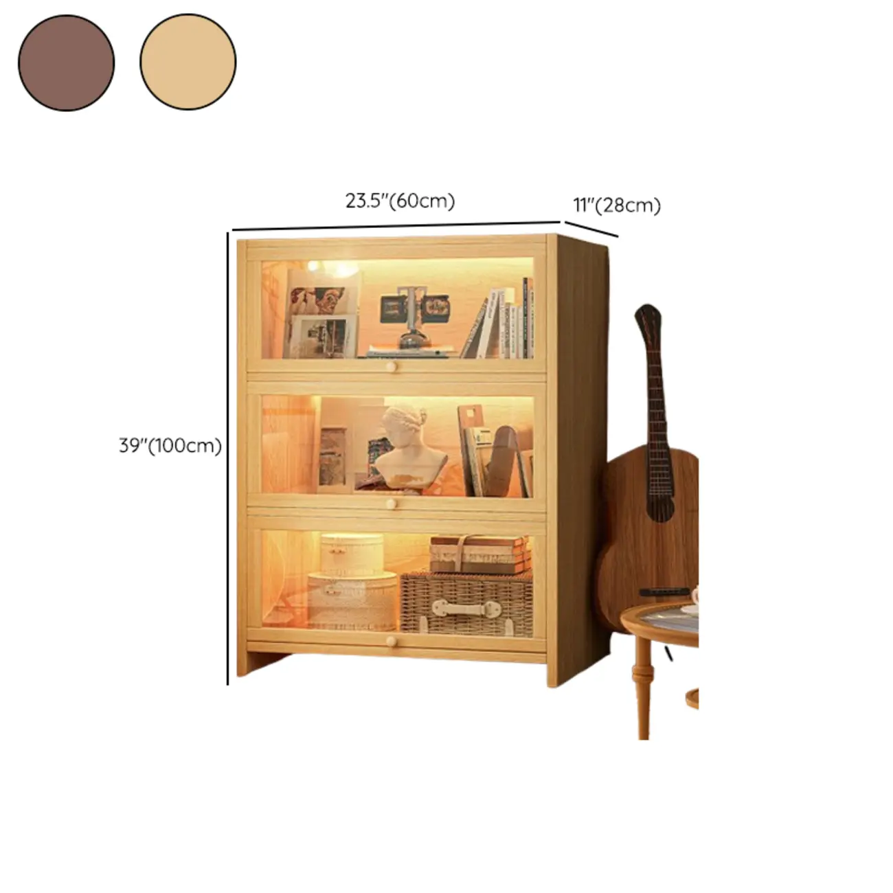 Scandinavian Natural 5-Tier Wood Bookcase with Flip-up Doors #size