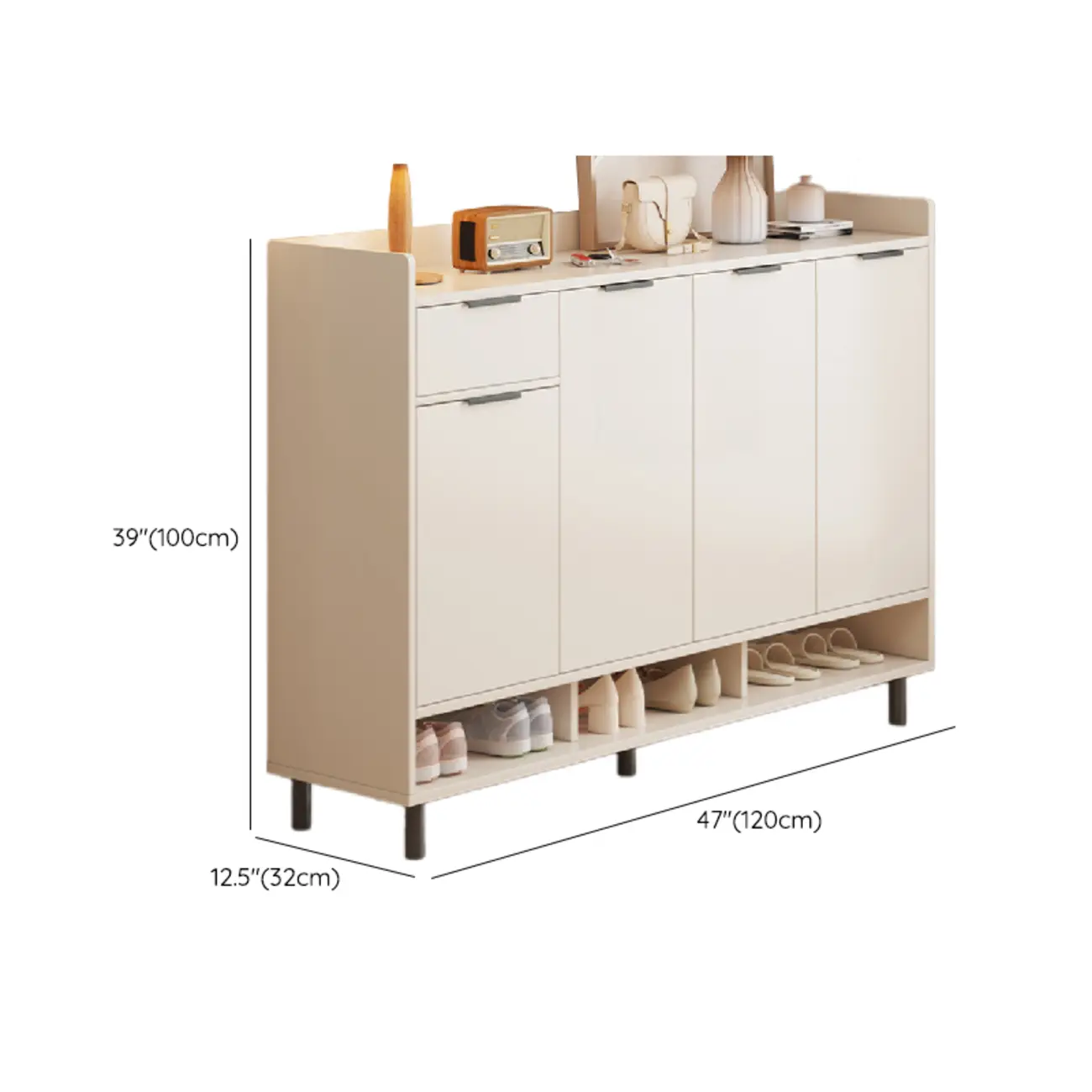 White Curved Panel Shoe Cabinet with Open Base Storage #size