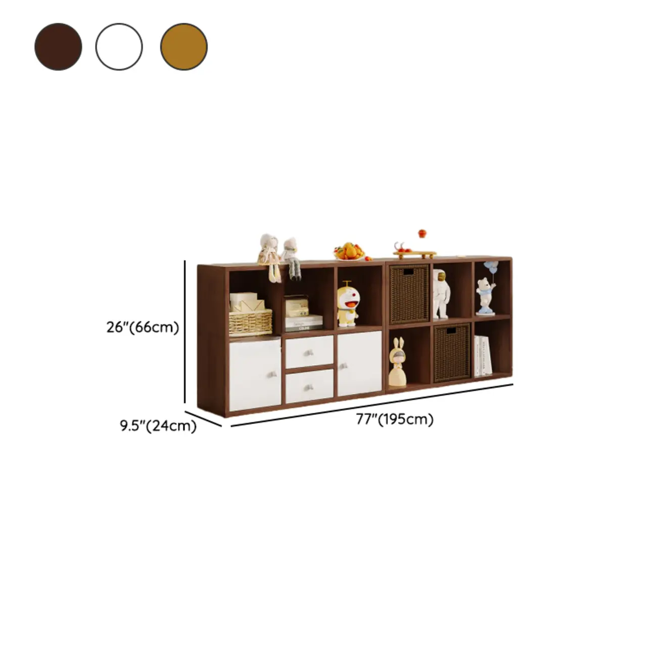 Horizontal Wood Nut-Brown Cube Bookcase with Drawers #size