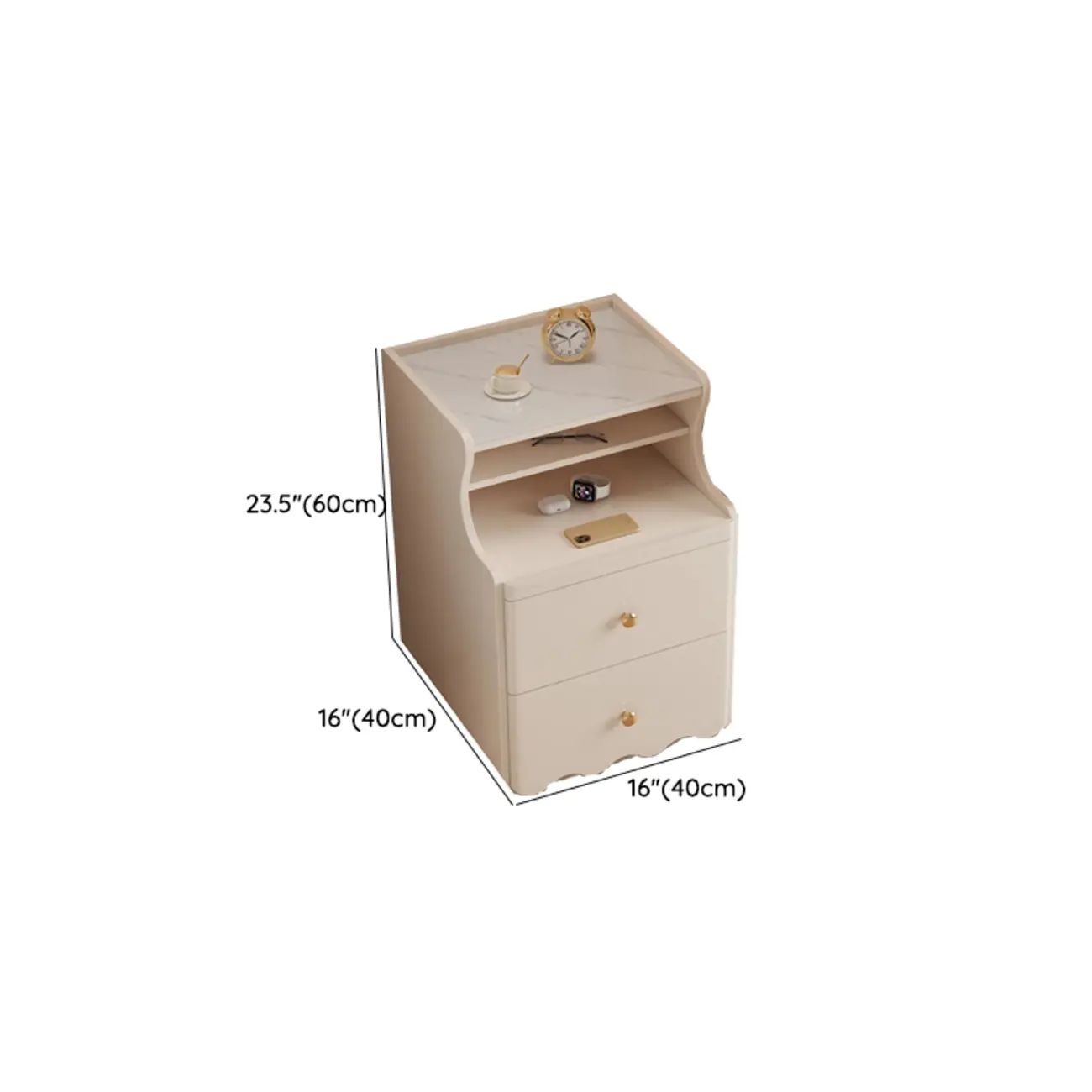 White Wood Faux Marble Open Storage Narrow Nightstand #size