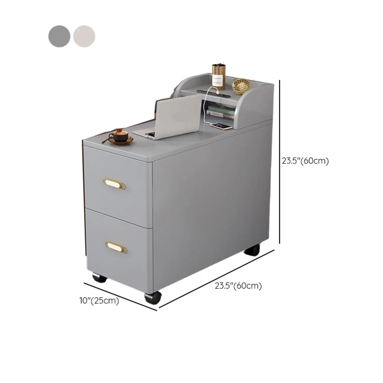 Narrow Rolling White 2-Drawer End Table with USB Charge #size