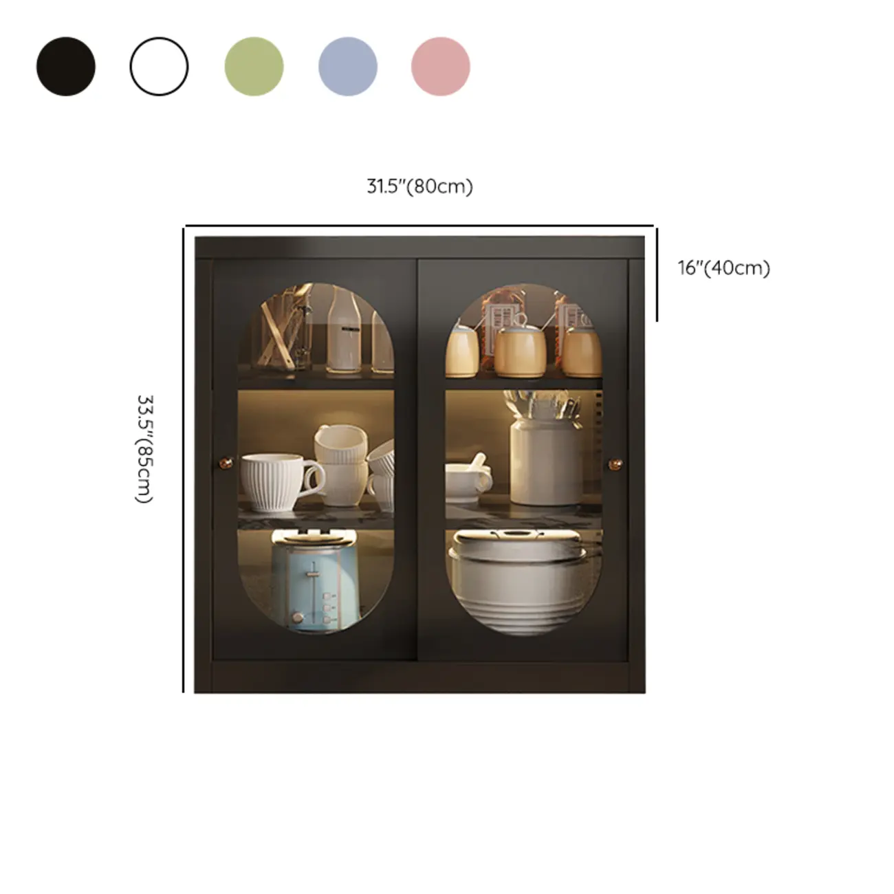 Narrow Green Storage Sideboard with Glass Doors #size