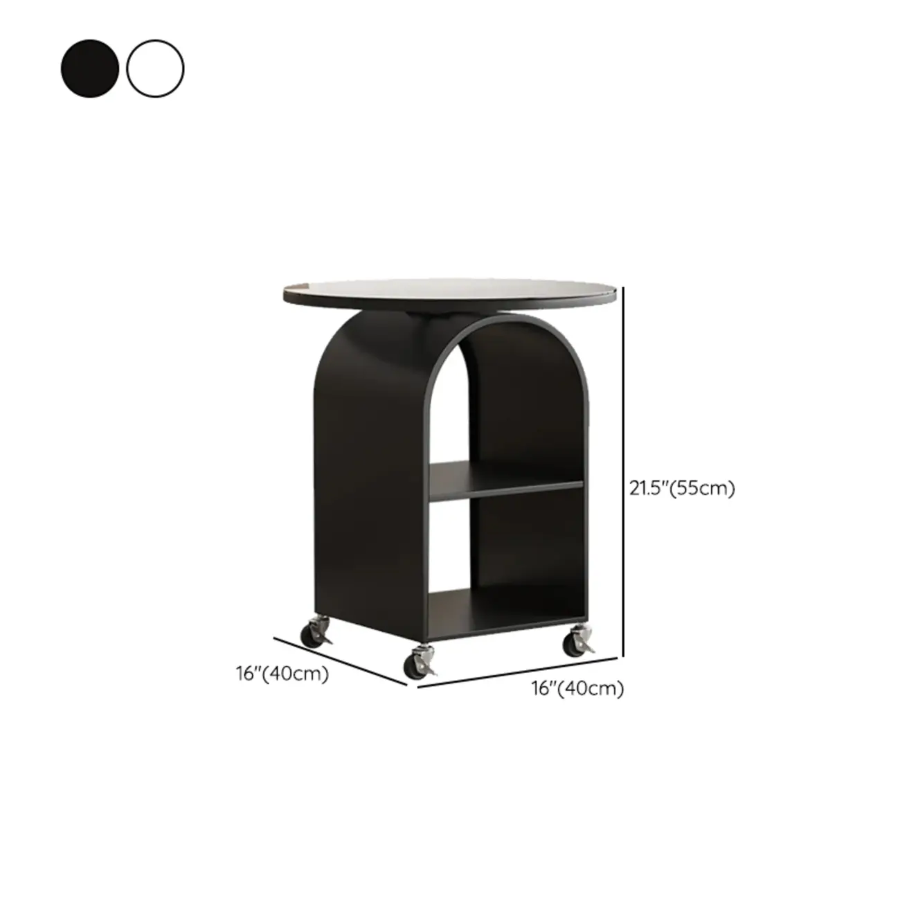 White Arch Glass Top Metal Storage Side Table with Wheels #size