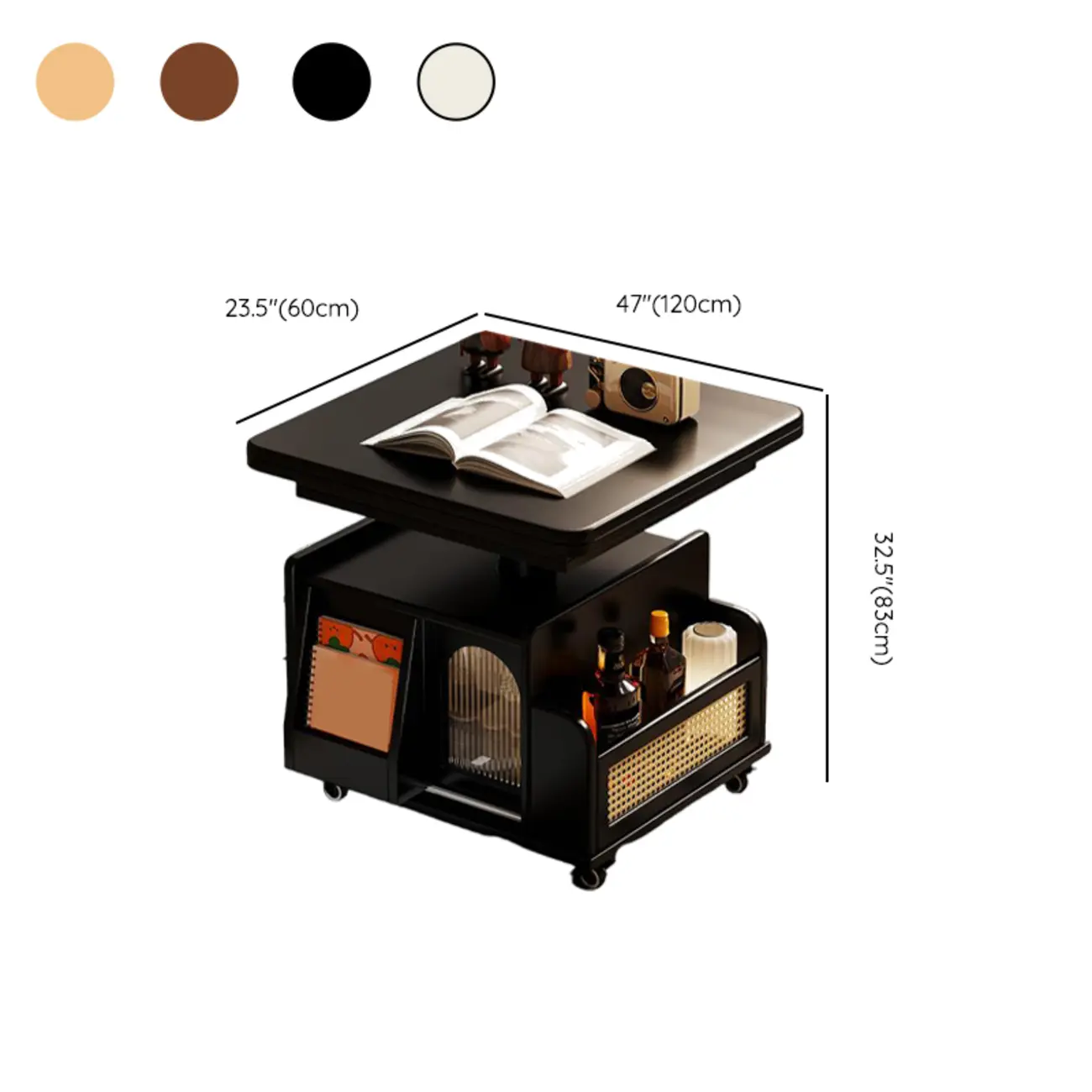 Square Extendable Wooden Wheeled Lift-Top Coffee Table #size