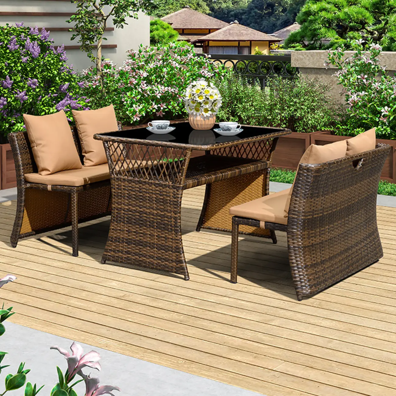 3-Piece Brown Wicker Patio Dining Set with Beige Cushion Image - 1 | homeyfad