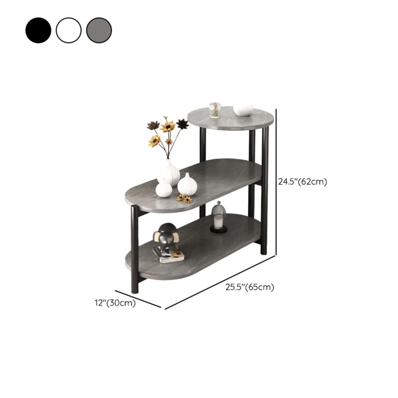 Black Oval 3-Tier Wood Storage Side Table with Metal Legs #size