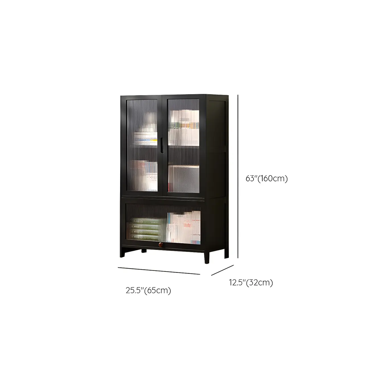 Bamboo Modern Black Vertical Bookcase with Glass Doors #size