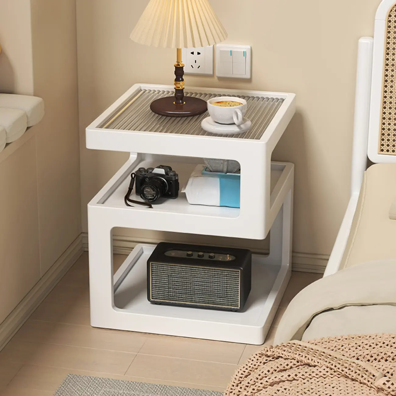 Organic Wood Bedside Cabinet with Glass Top Nightstand Image - 1 | homeyfad
