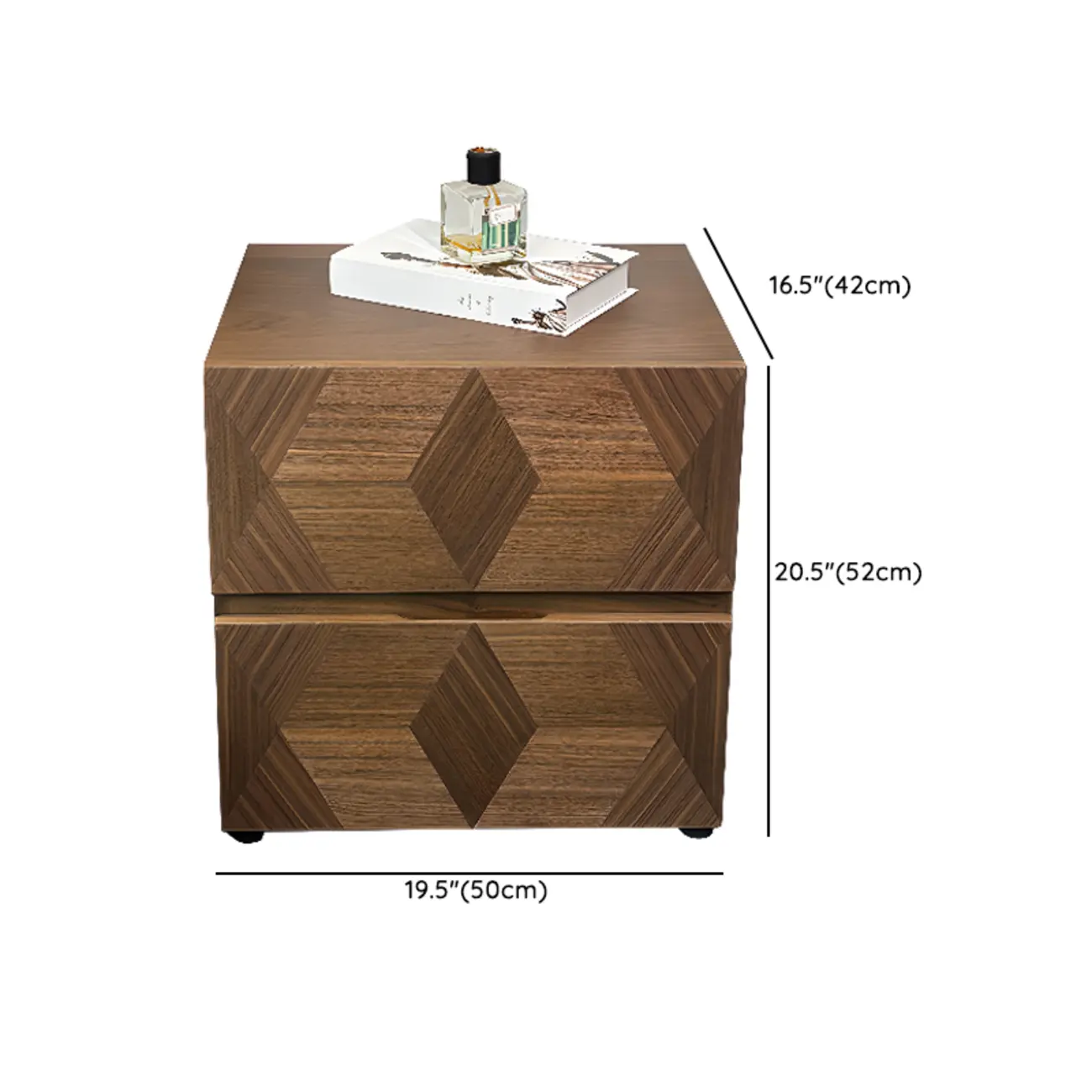 Elegant Nut Brown Narrow 2-drawer Wood Nightstand #size