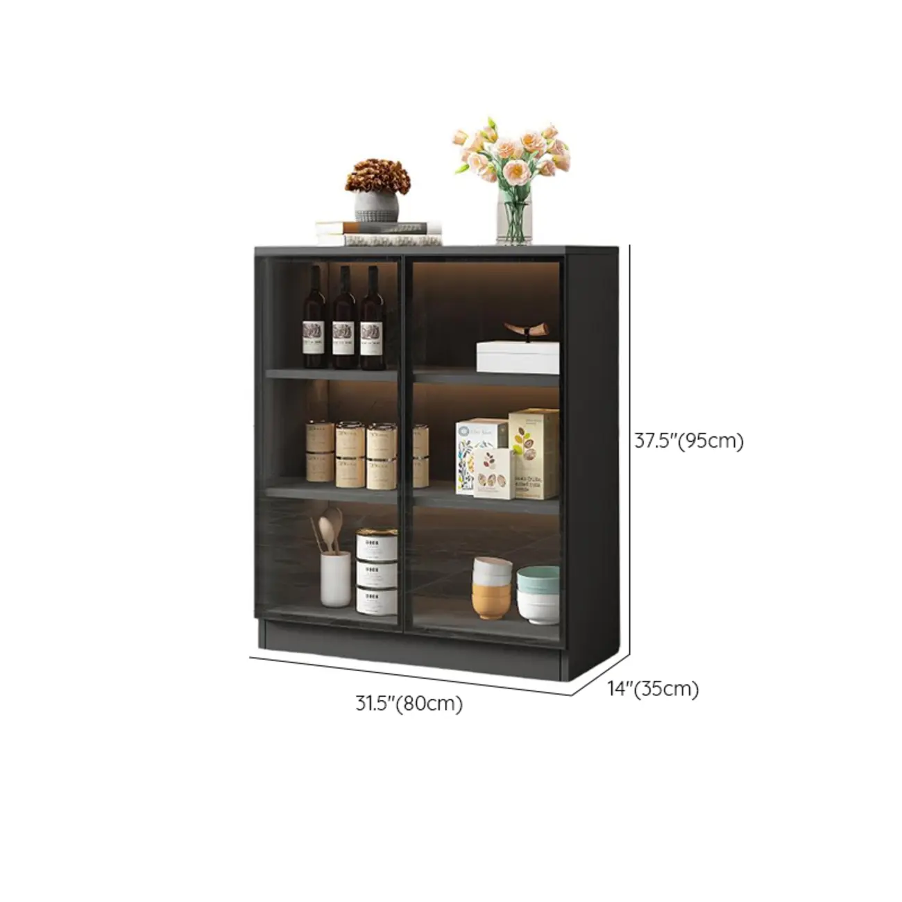 Large 3 Shelves Glass Wood Black Sideboard with LED Light #size