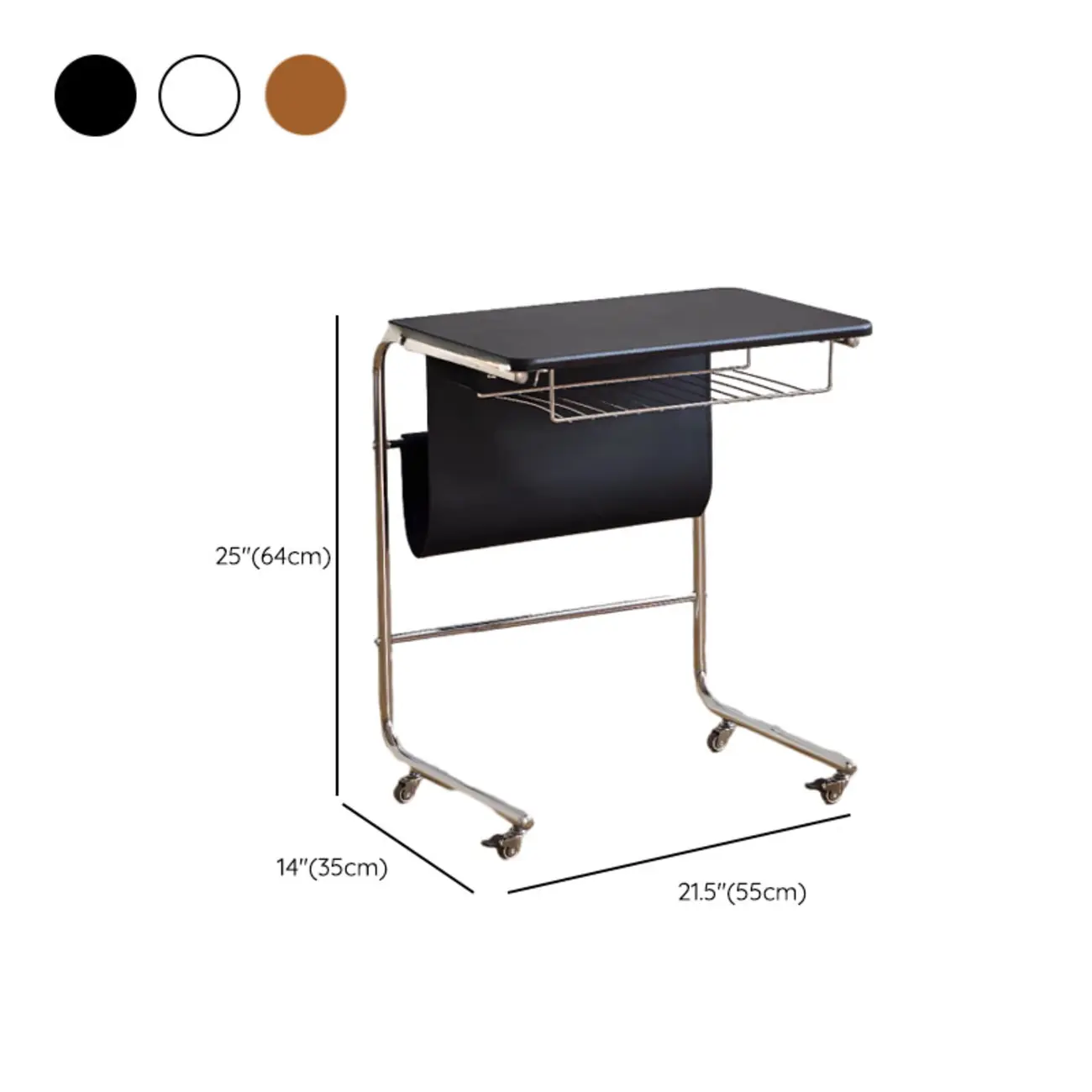 Wheeled Minimalist Wood Top Metal C-shaped Side Table #size