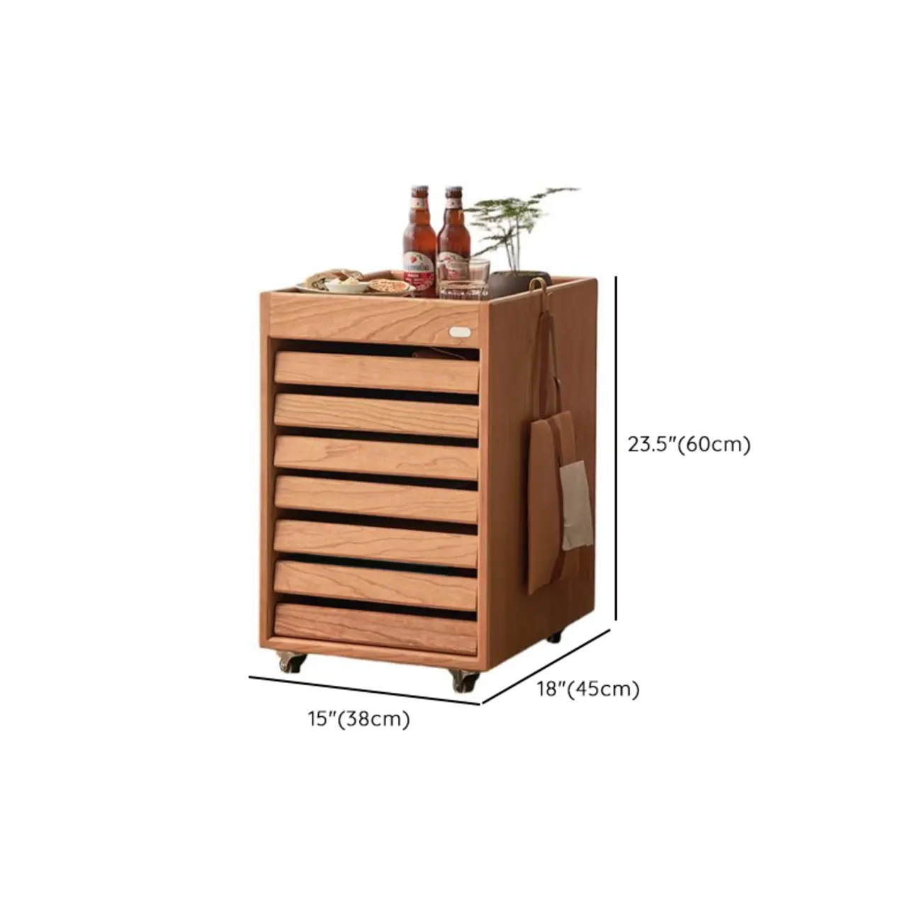 Modern Cherry Wood Rolling Side Table with Drawers #size
