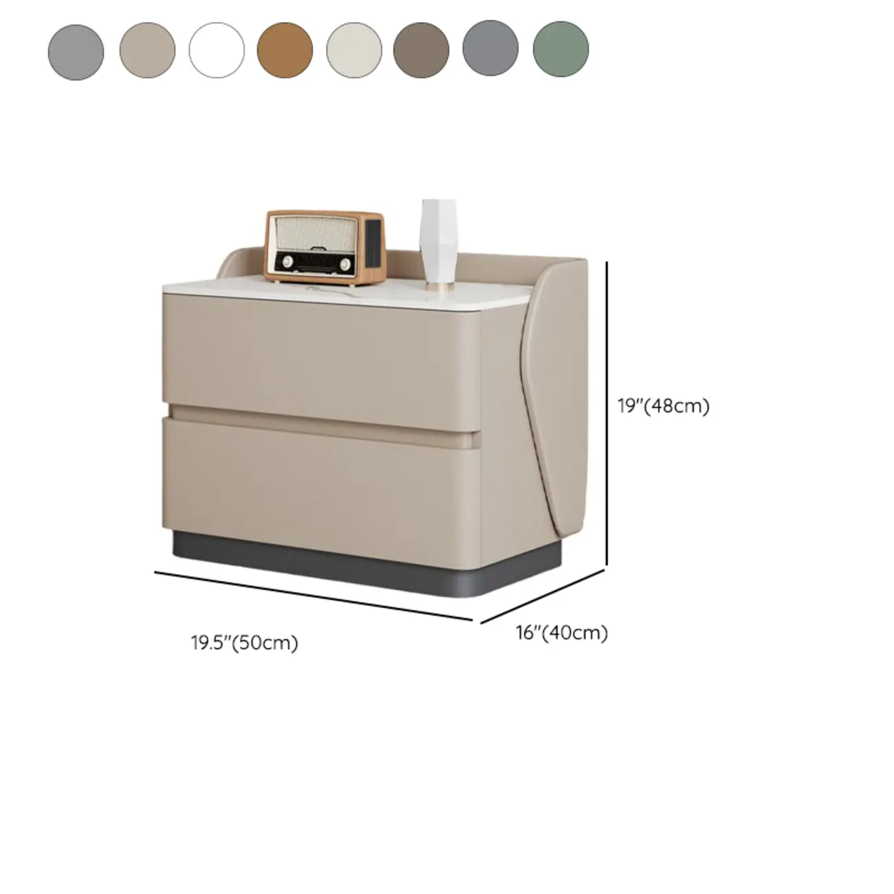 Art Deco Stone Top Nightstand with 2 Storage Drawers #size