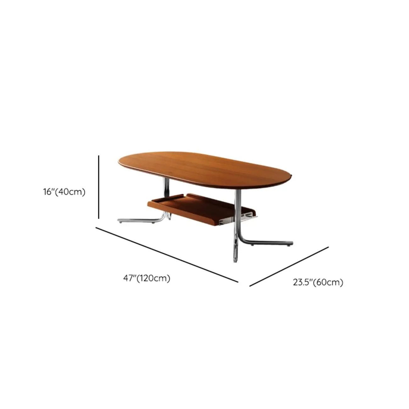 Oval Mid-Century Modern 2-tier Wood Coffee Table Metal Legs #size