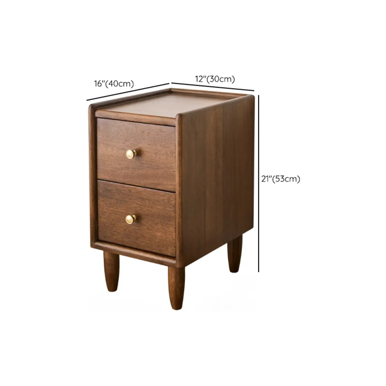 Art Deco Walnut Solid Wood Top 2 Drawer Nightstand with Legs #size