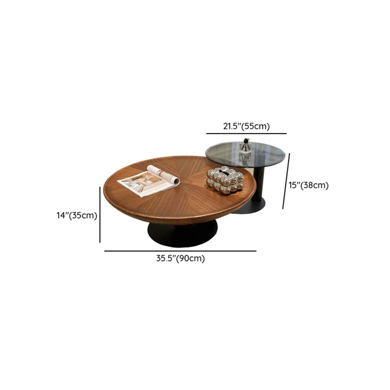 Contemporary Wooden Round Metal Nesting Coffee Table Set #size