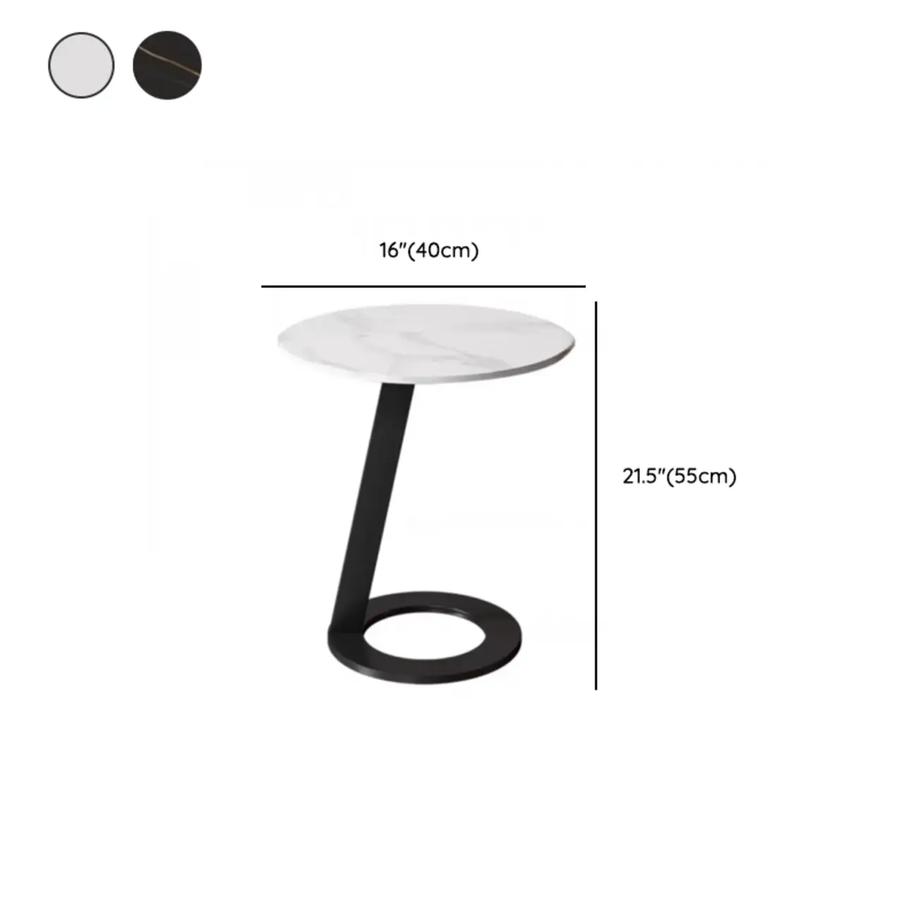 White Modern Stone Metal C Shaped Round Side Table #size