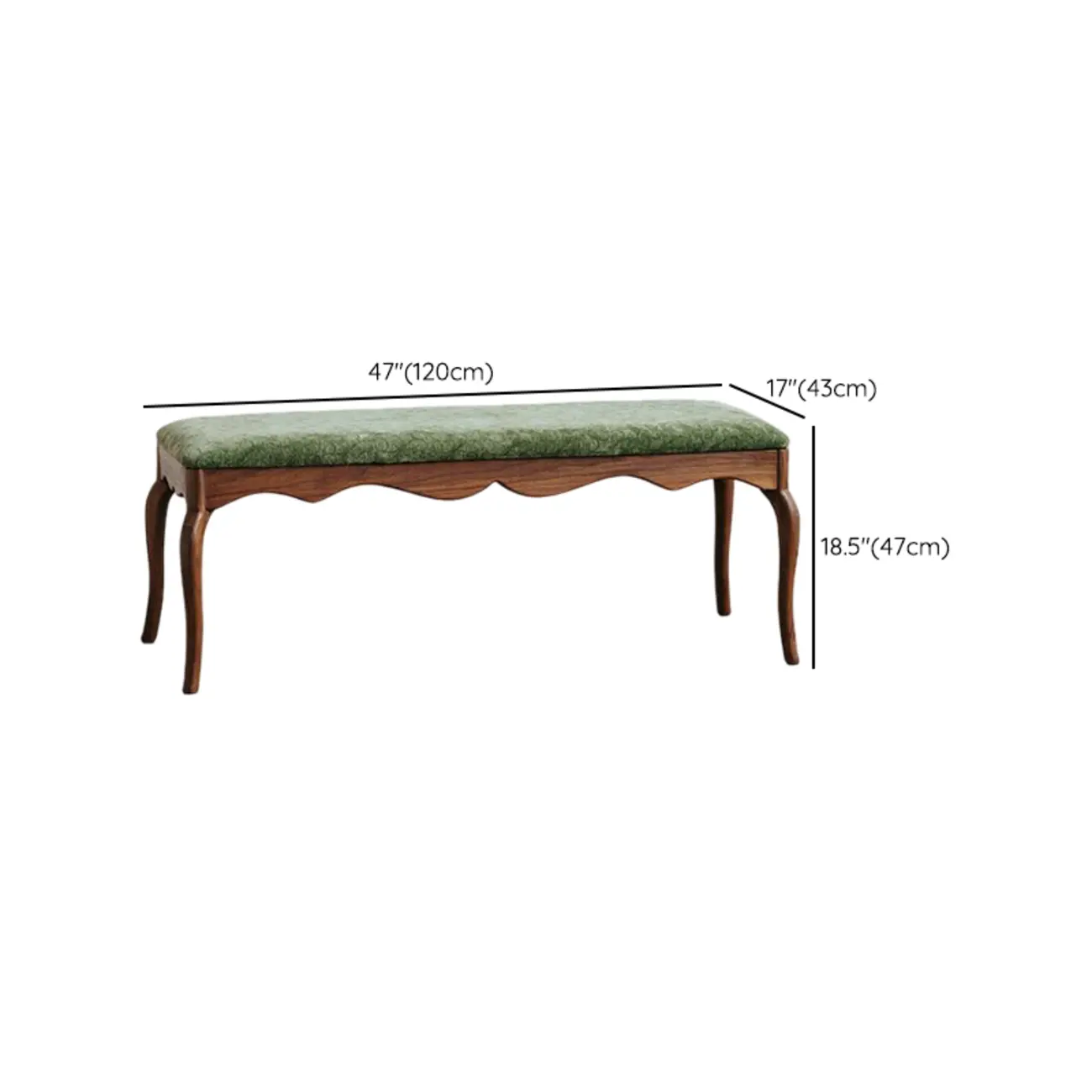 Mid-century Modern Scalloped Upholstered Green Wood Bench #size