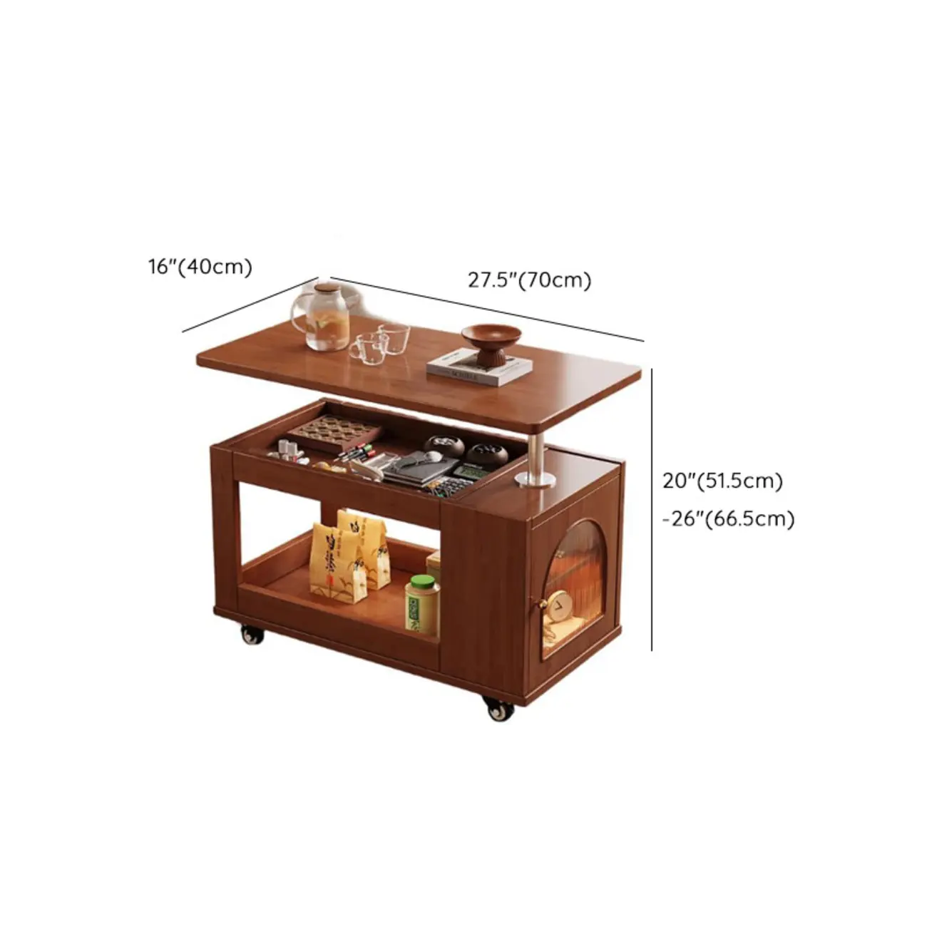 Adjustable Swivel Top Walnut Wood Wheel Side Table #size