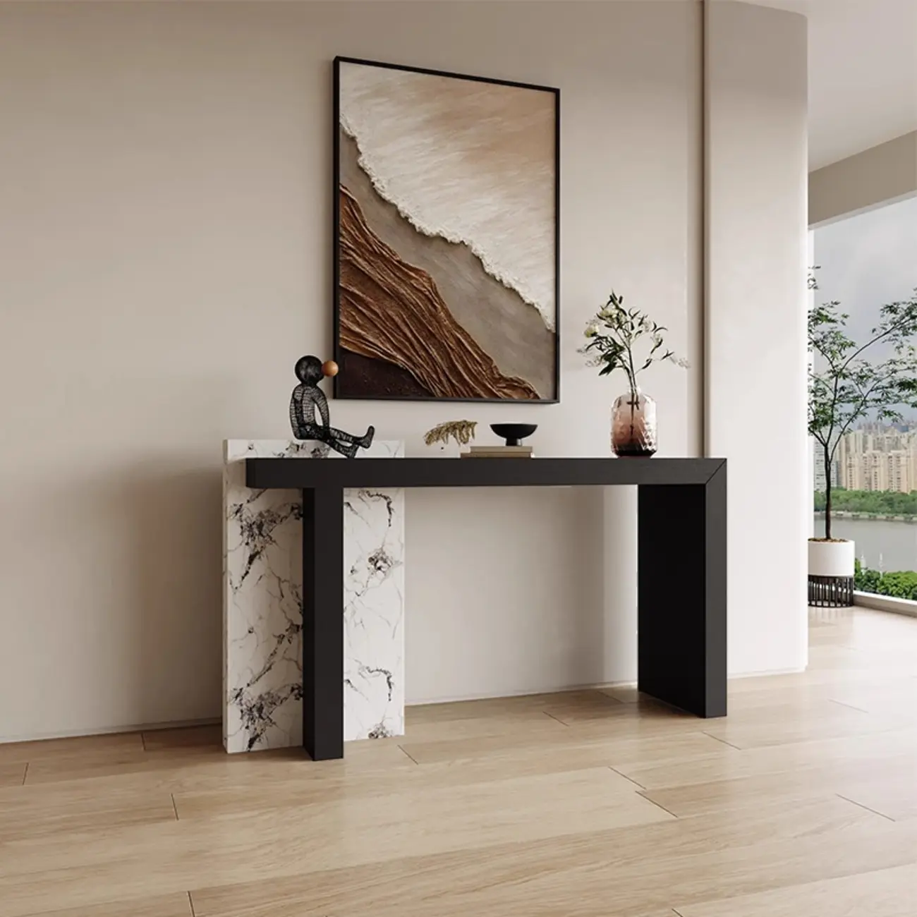 Contemporary Marble And Wood Console Table In Black Image - 2 | homeyfad