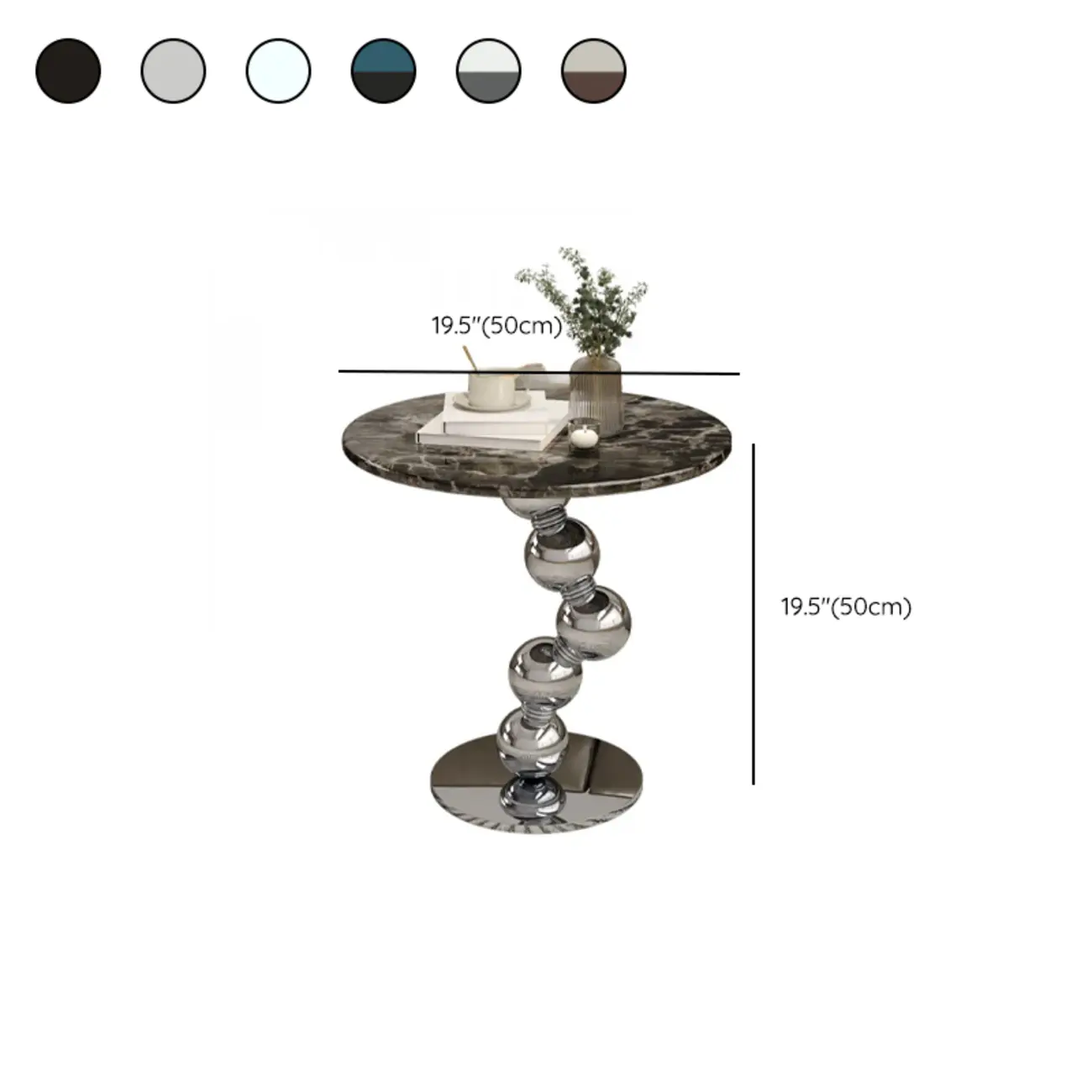 Contemporary Marble Top Round Side Table Metal Base #size