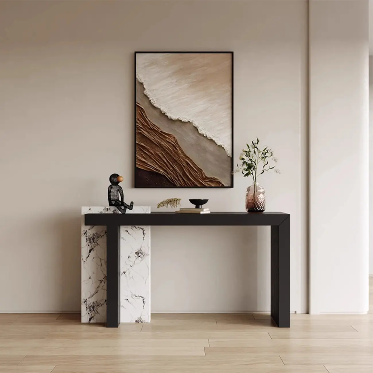 Contemporary Marble And Wood Console Table In Black Image - 1 | homeyfad