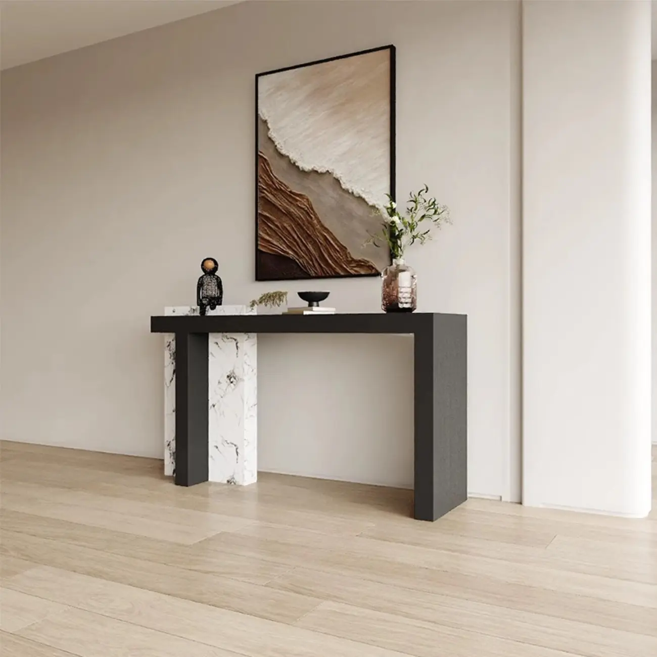 Contemporary Marble And Wood Console Table In Black Image - 3 | homeyfad