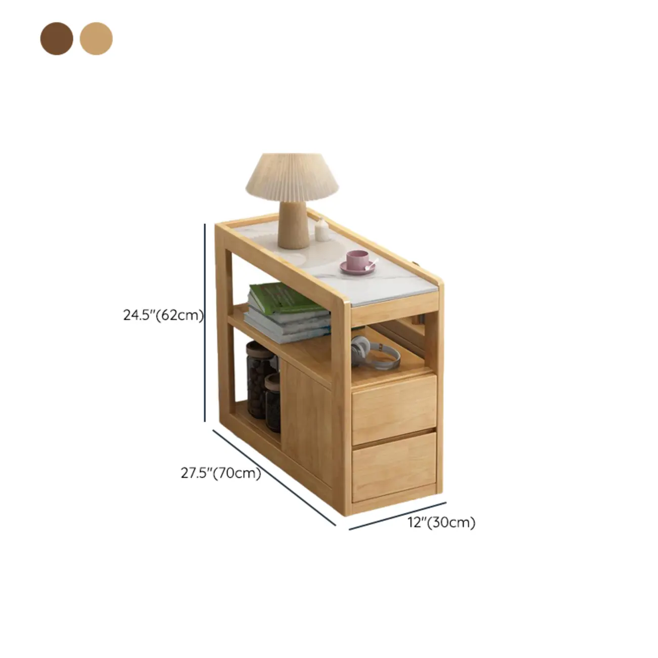 Narrow Sintered Stone Top Wheeled Side Table with Drawers #size