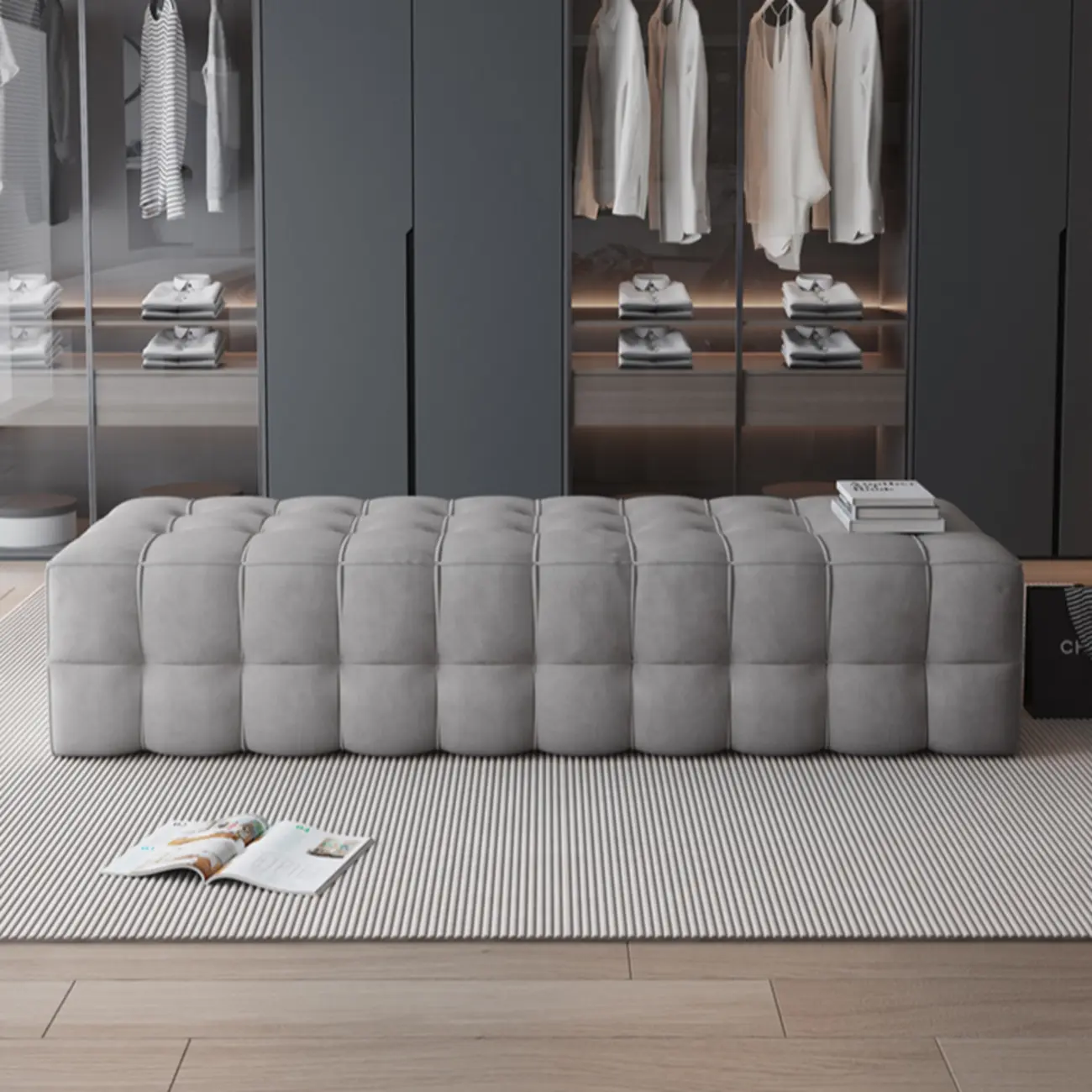 Contemporary Soft Gray Long Upholstered Bedroom Bench Image - 1 | homeyfad