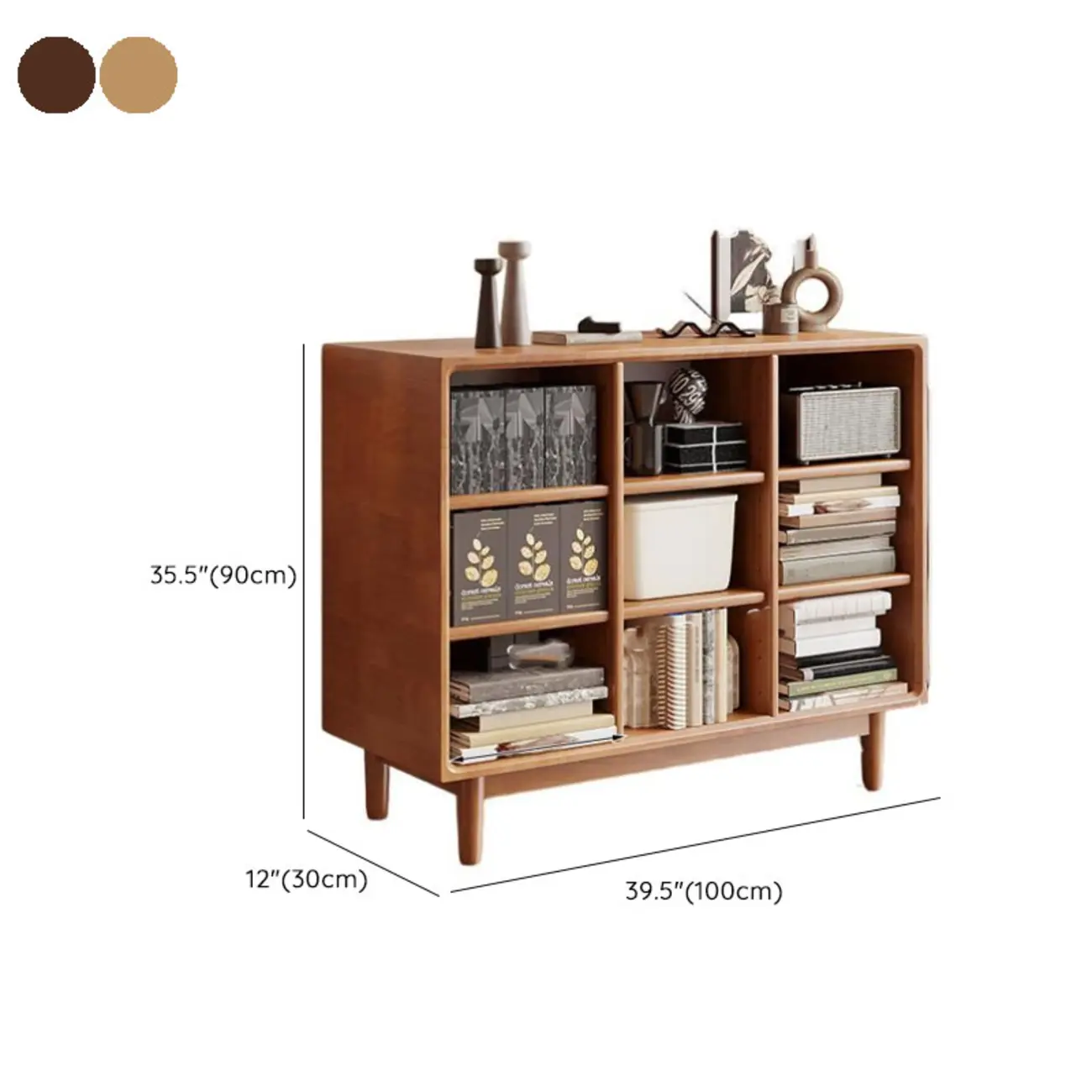 Mid Century Brown Closed Back Horizonal Wooden Bookcase #size