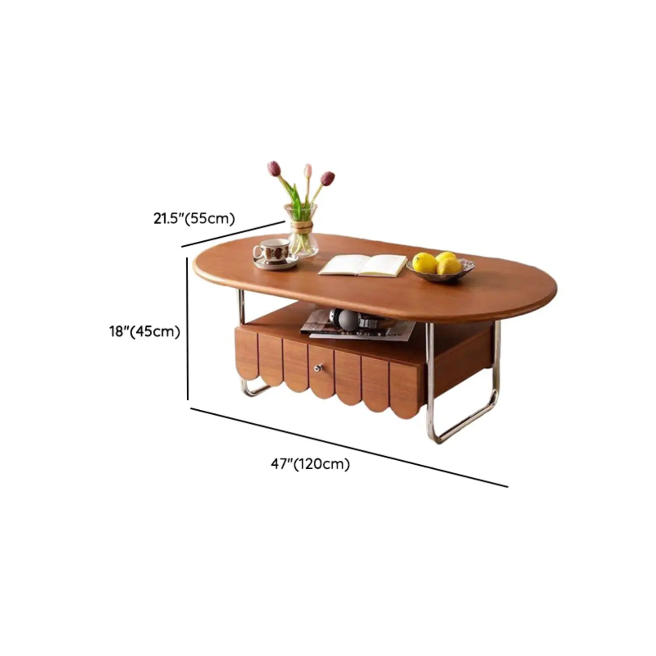 Oval Modern Wood Metal Sled Base Coffee Table #size