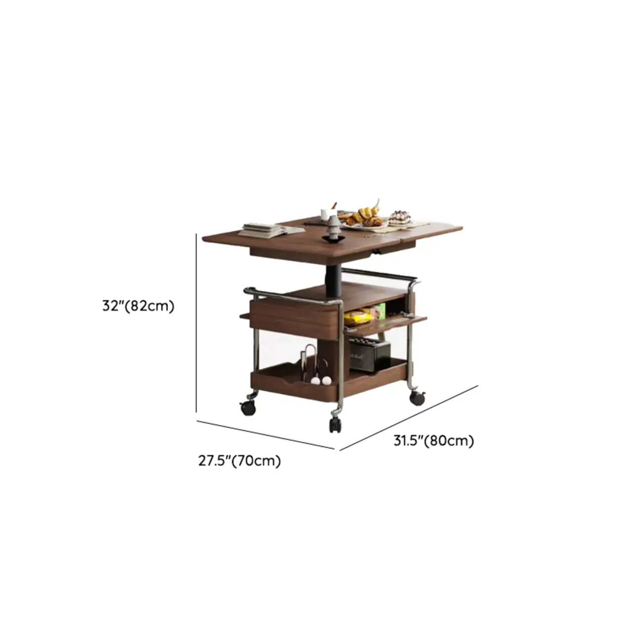 Old School Multi-levelled Fold Away Coffee Table with Roller Wheels #size