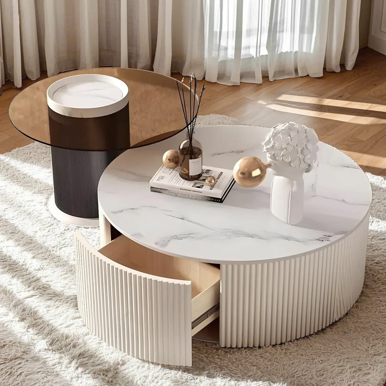White Drum Round Wood Coffee Table with Storage Image - 1 | homeyfad