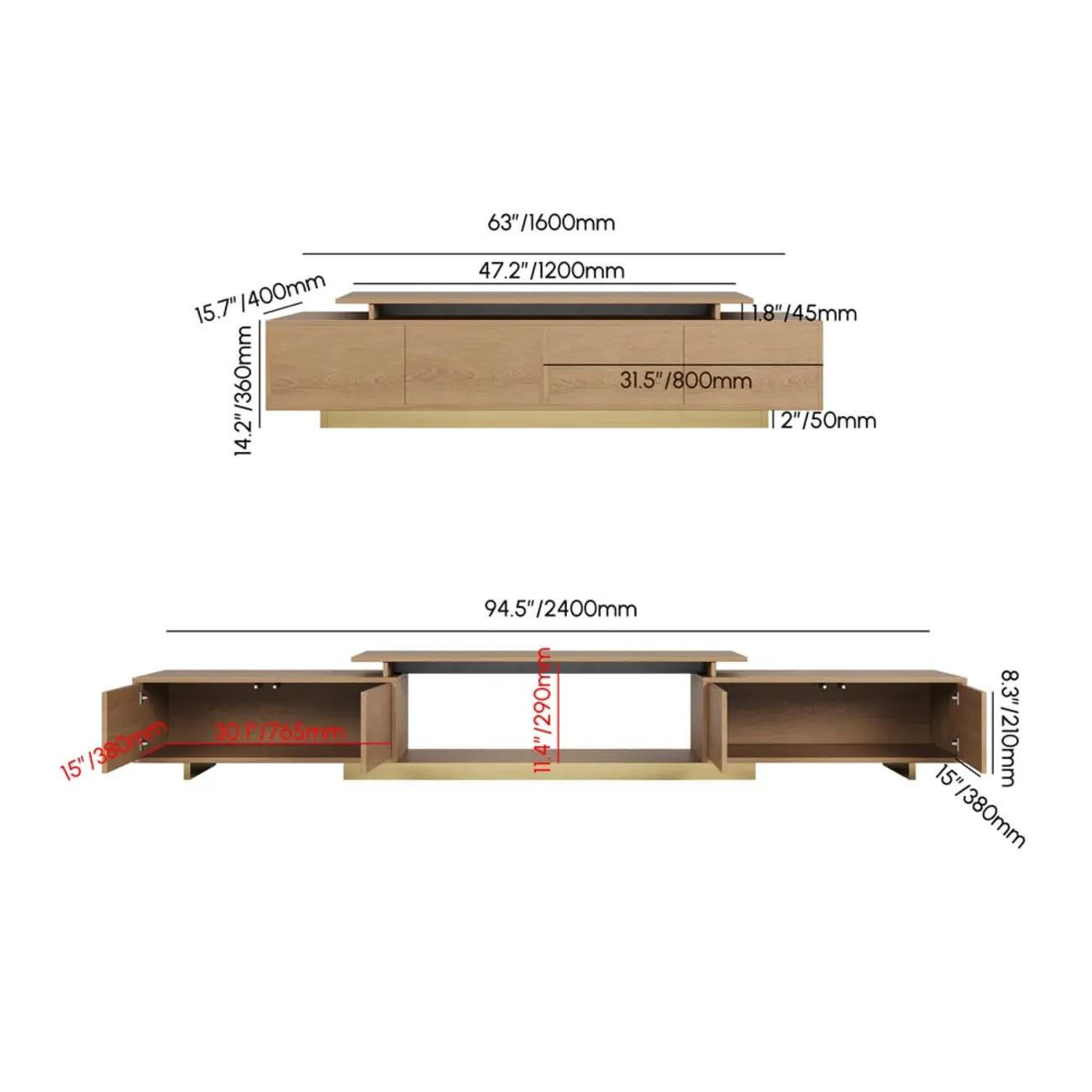 Extendable Modern Black Wooden Open Storage TV Stand #size