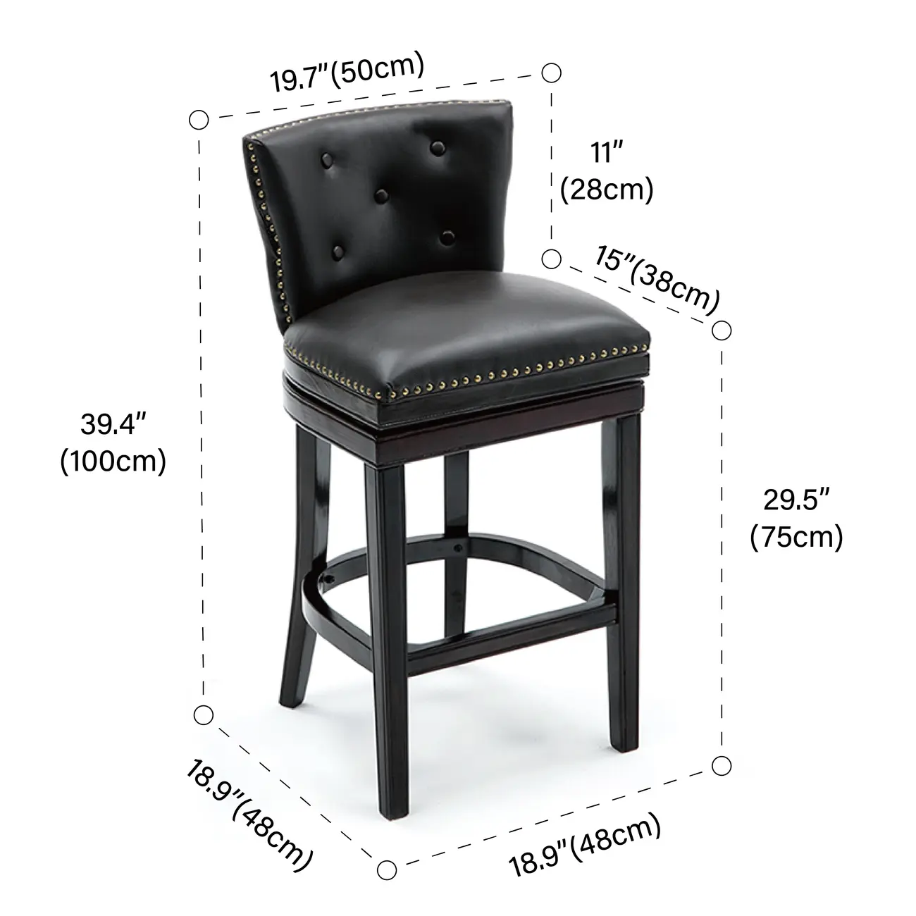 Solid Wood Genuine Leather Swivel Bar Stool #size