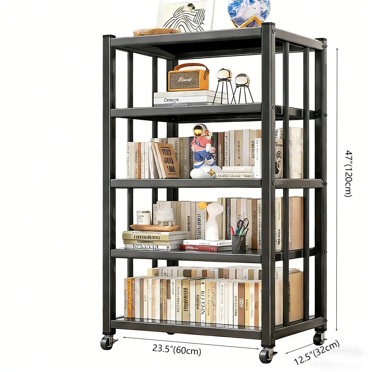 Contemporary Industrial Black Metal 5-Tier Rolling Bookcase #size