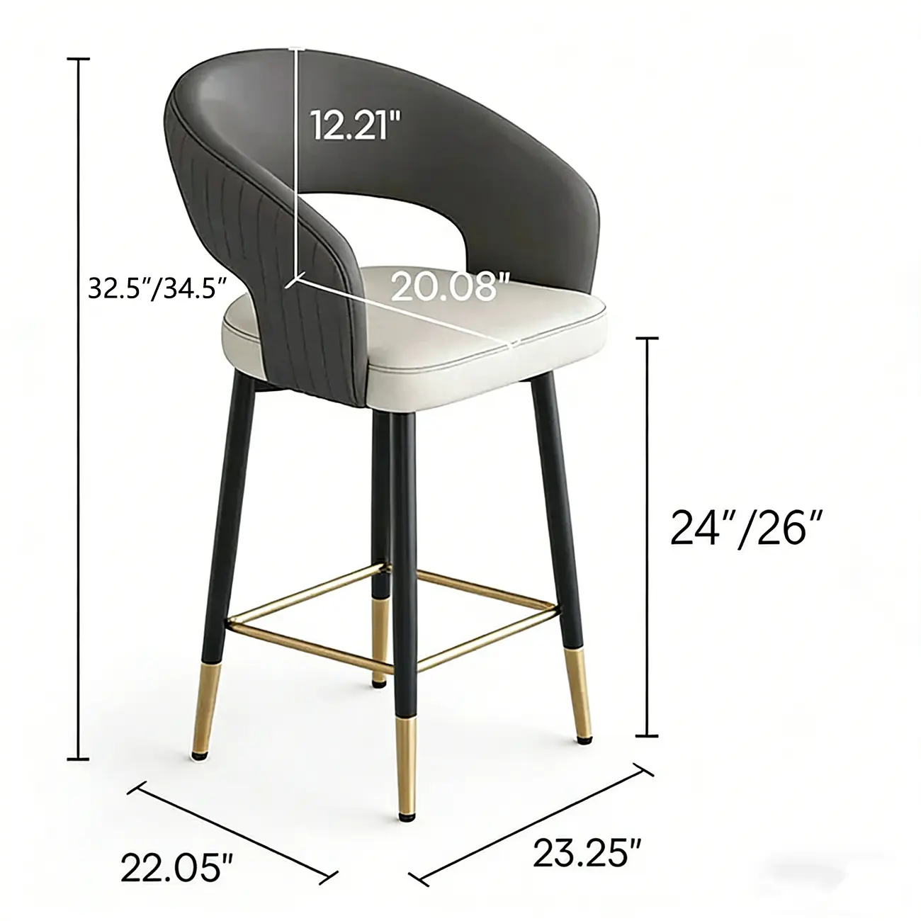 Modern Open Curved Back Upholstered Counter Height Bar Stools #size