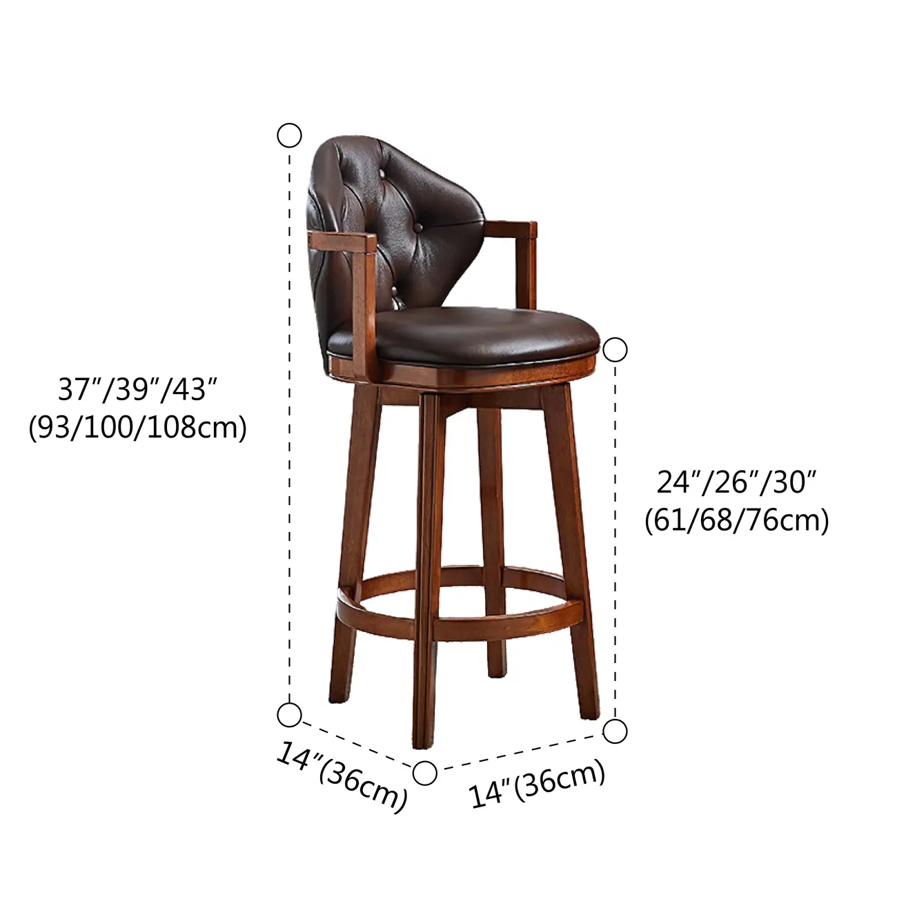 Genuine Leather Traditional Wingback Swivel Bar Stool Solid Wood #size