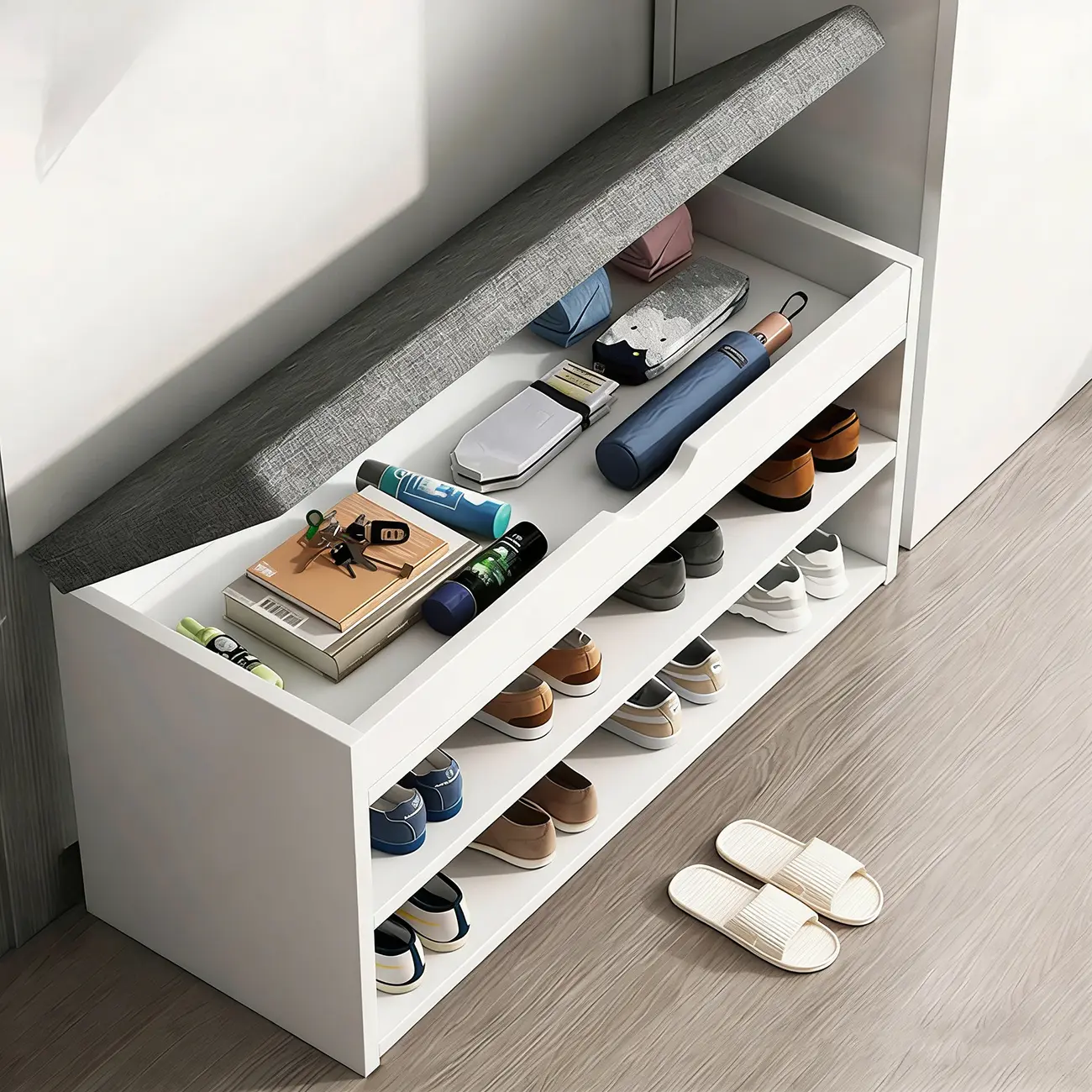 Brown Wood Shoe Storage Bench with Flip-Up Storage Image - 4 | homeyfad