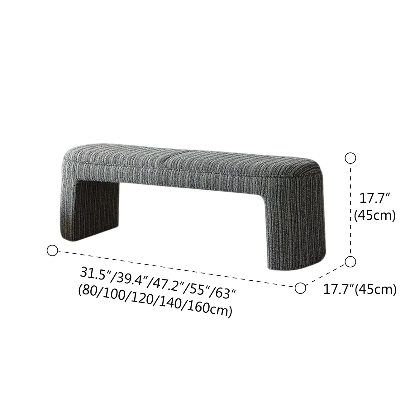 Modern Curved Striped Upholstered Accent Bench #size