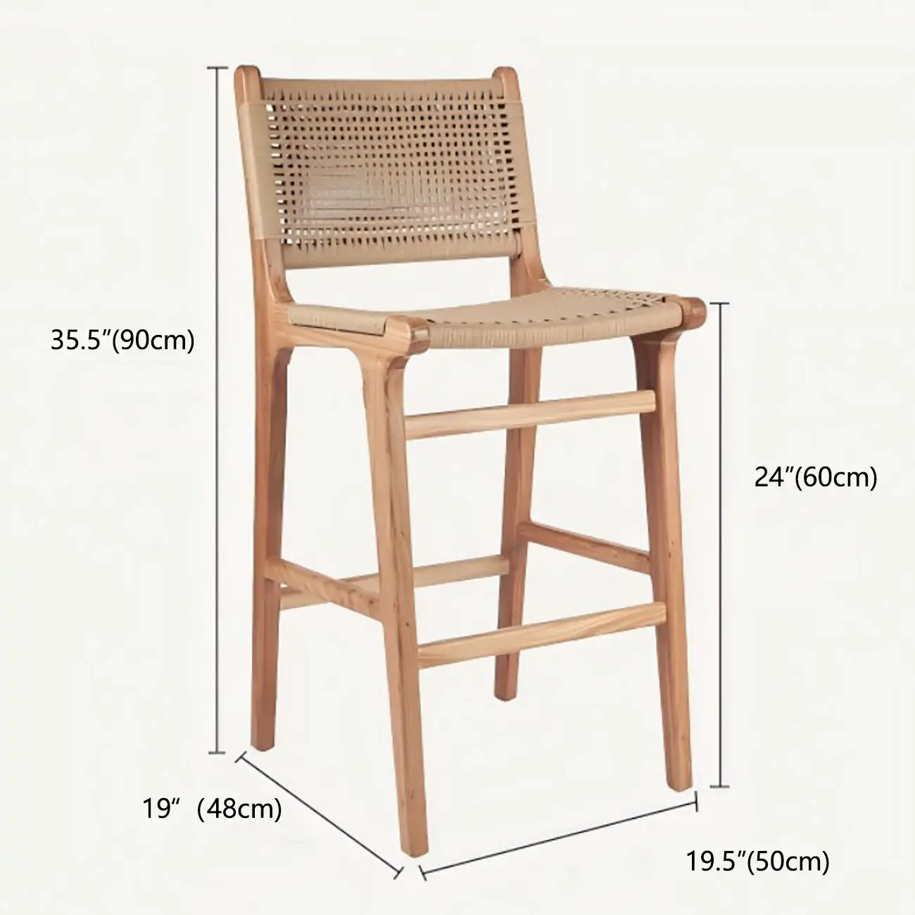 Scandinavian Solid Wood Counter Stool Woven Cord Backrest #size