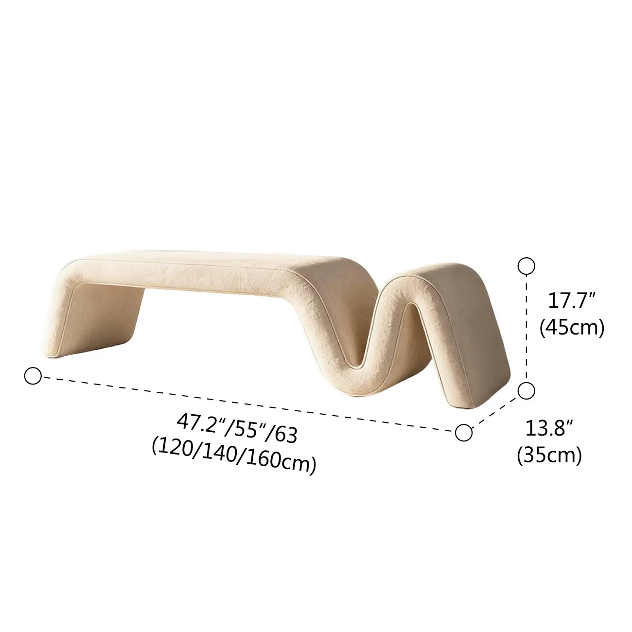 Modern Sculptural Chenille Wood Bedroom Bench #size