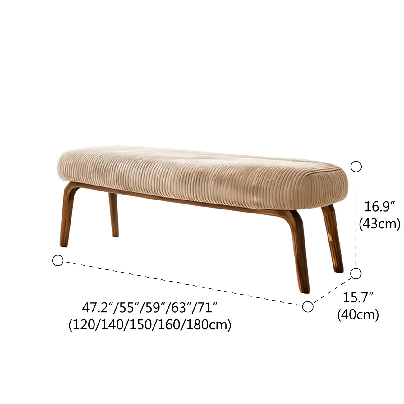 Mid-century Modern Corduroy Upholstered Bedroom Bench with Wood Legs #size