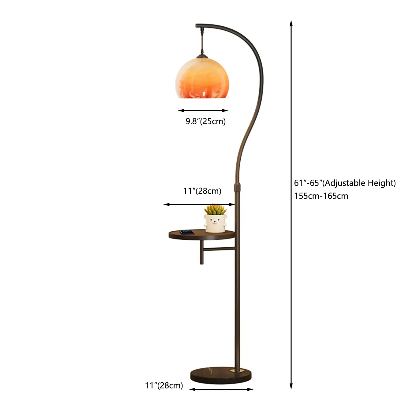 Simplistic Metal Glass Dome Arc Floor Lamp with Tray Table #size