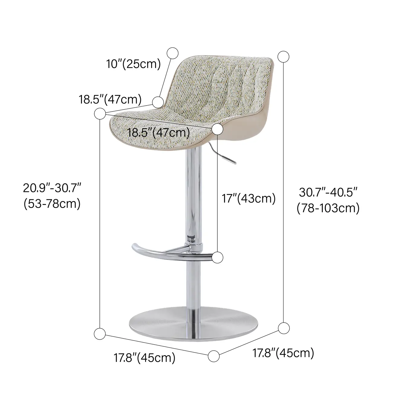 Modern Upholstered Adjustable Swivel Counter Height Bar Stools with Backrest #size