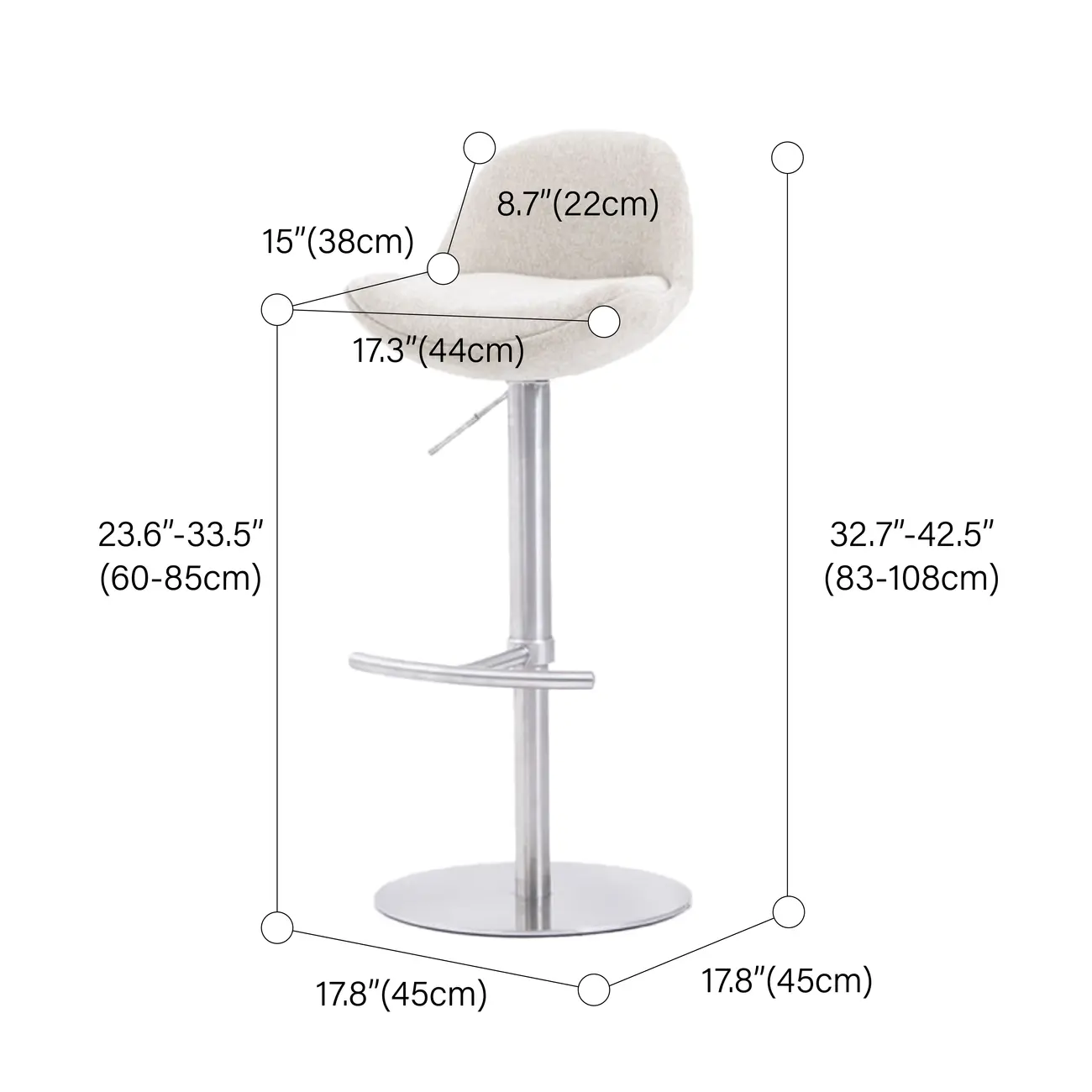 Italian Minimalist Upholstered Swivel Adjustable Bar Stool with Low Back #size