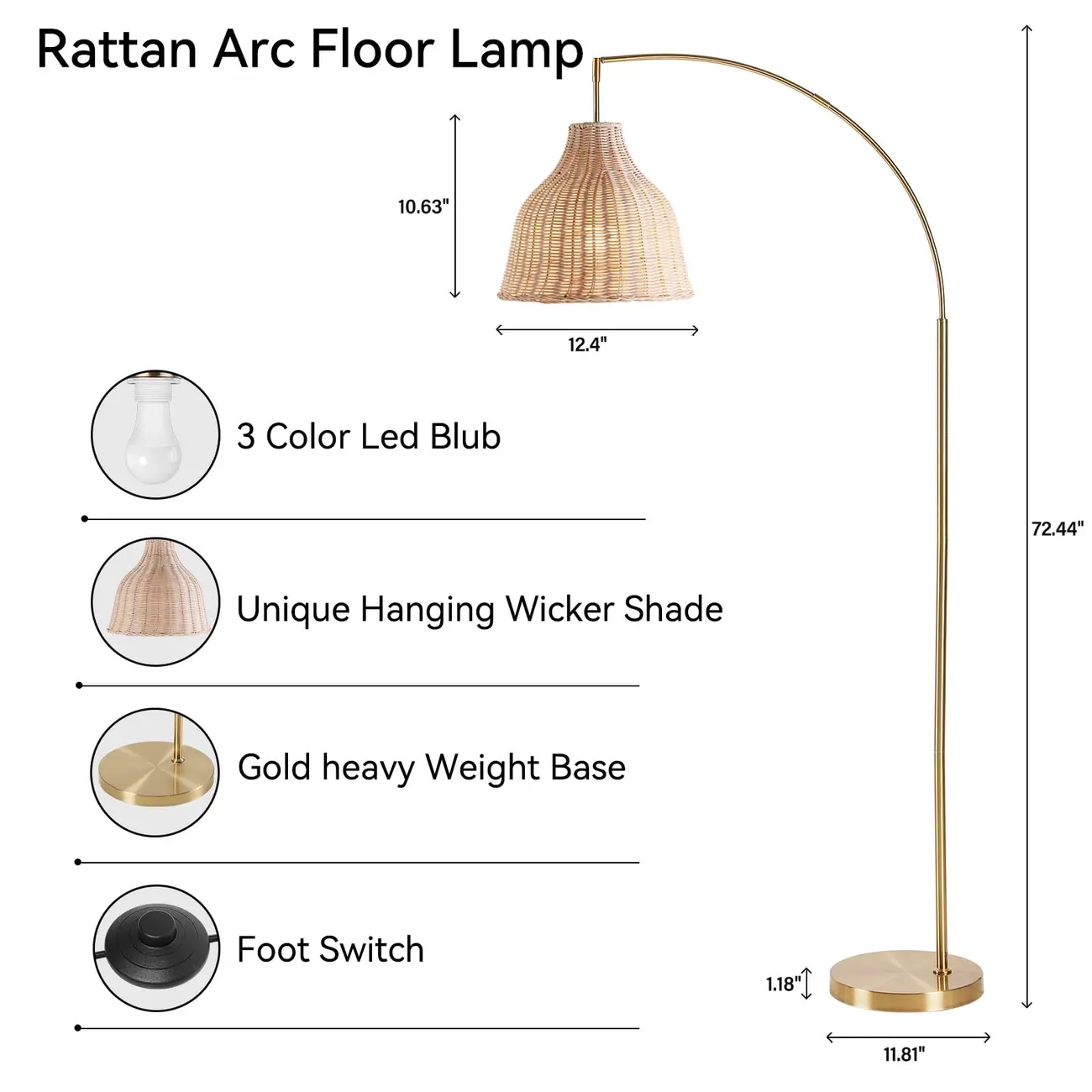 72" Boho Arched Floor Lamp With Hand-woven Rattan Shade #size